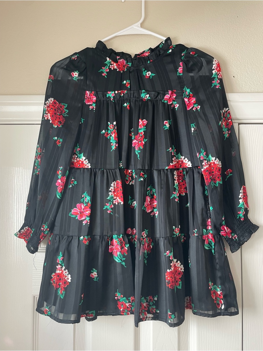 Cat & Jack Black Floral Tiered Long-Sleeve Dress